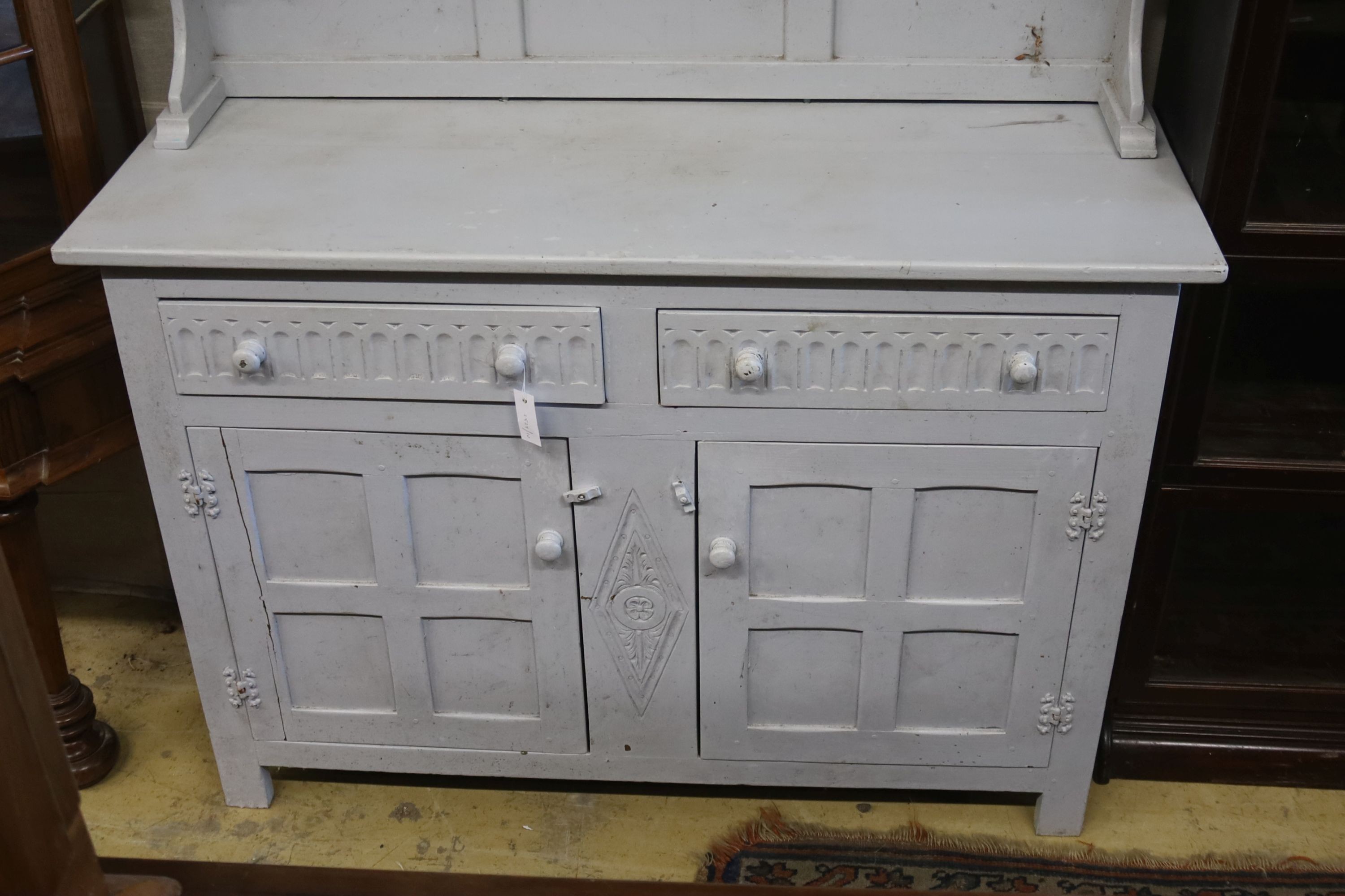 An early 20th century later painted oak dresser, length 130cm, depth 47cm, height 193cm